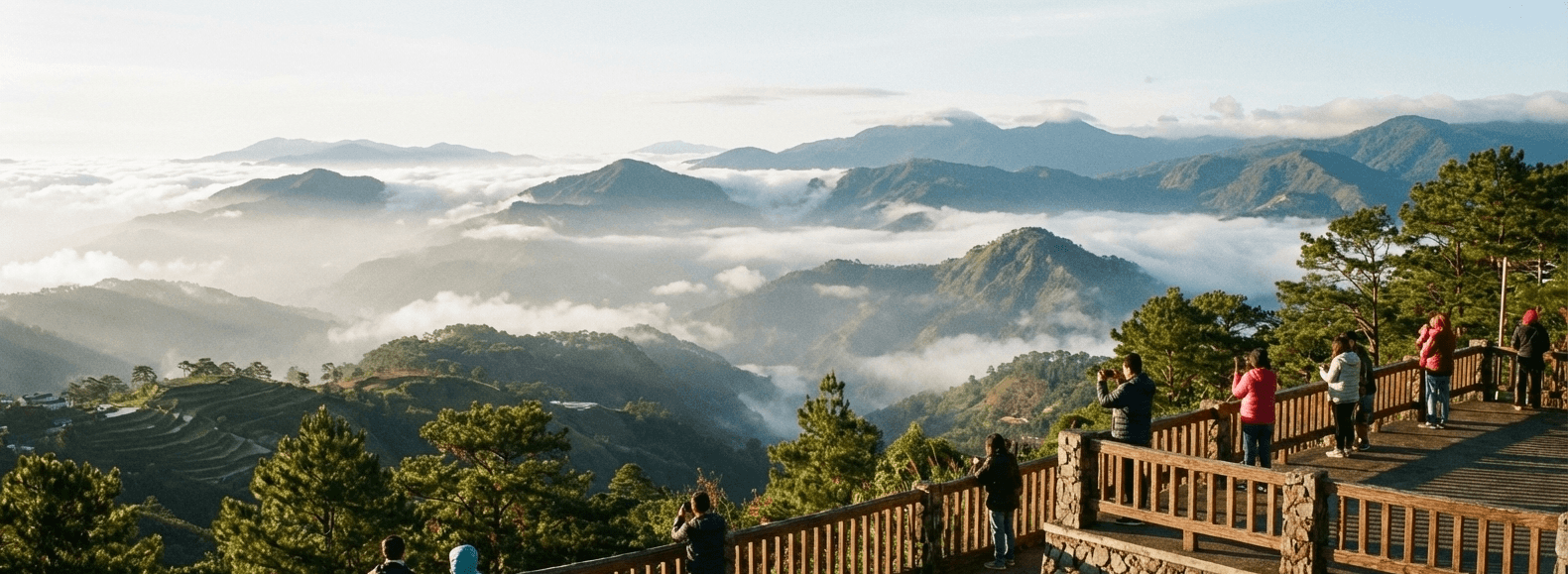 Panoramic view from Mines View Park viewing deck showing the Cordillera mountain ranges with morning mist