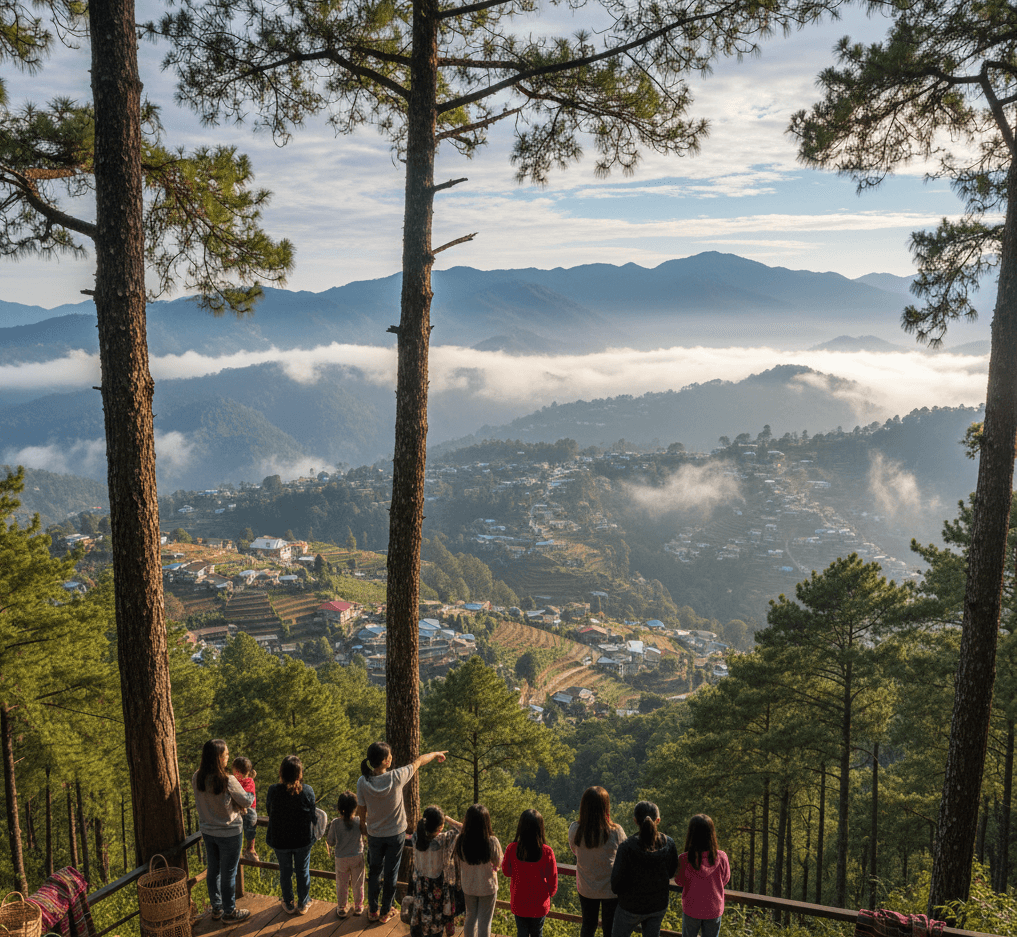 Four seasons in Baguio City, Philippines: foggy pine forests during cool dry season, colorful Panagbenga flower festival, lush rainy season mountains, and golden sunset over Cordillera ranges
